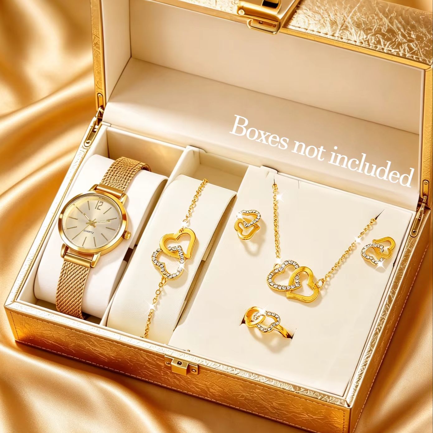 Luxury Watch Gift For Her - 上品でミニマルなデザインのレディース用コンパクトな丸型腕時計6点セット。ゴールドのハート型ジュエリーとセットで、普段使いやカップルでの使用に最適。また、ホリデーパーティーなど、さまざまな機会に贈るのにぴったりのプレゼントです。