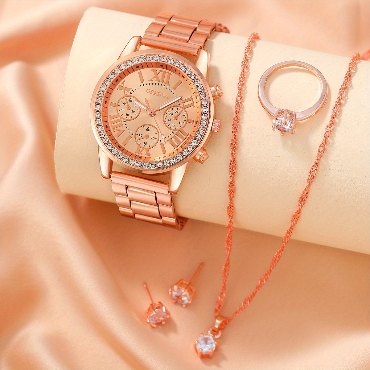 Luxury Watch Gift For Her - レディース腕時計 ラグジュアリーラインストーンクォーツウォッチ ローマファッションアナログ腕時計＆ジュエリー4点セット、お母さん/彼女へのギフト