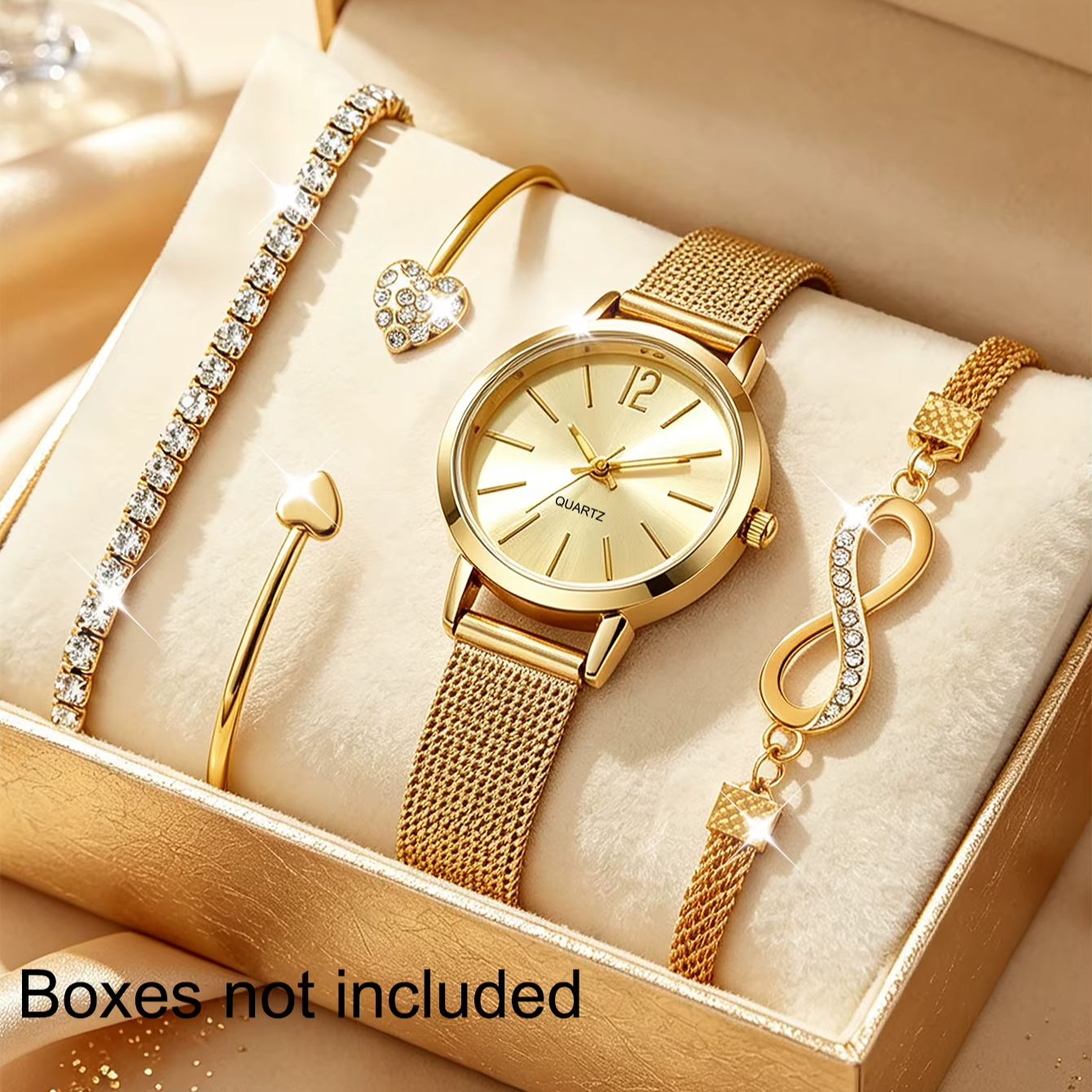 Luxury Watch Gift For Her - 上品でミニマルなデザインのレディース用コンパクトな丸型腕時計4点セット。ゴールドのジュエリーシリーズと合わせて、普段使いやカップルでの使用に最適。彼女への最高の贈り物です。