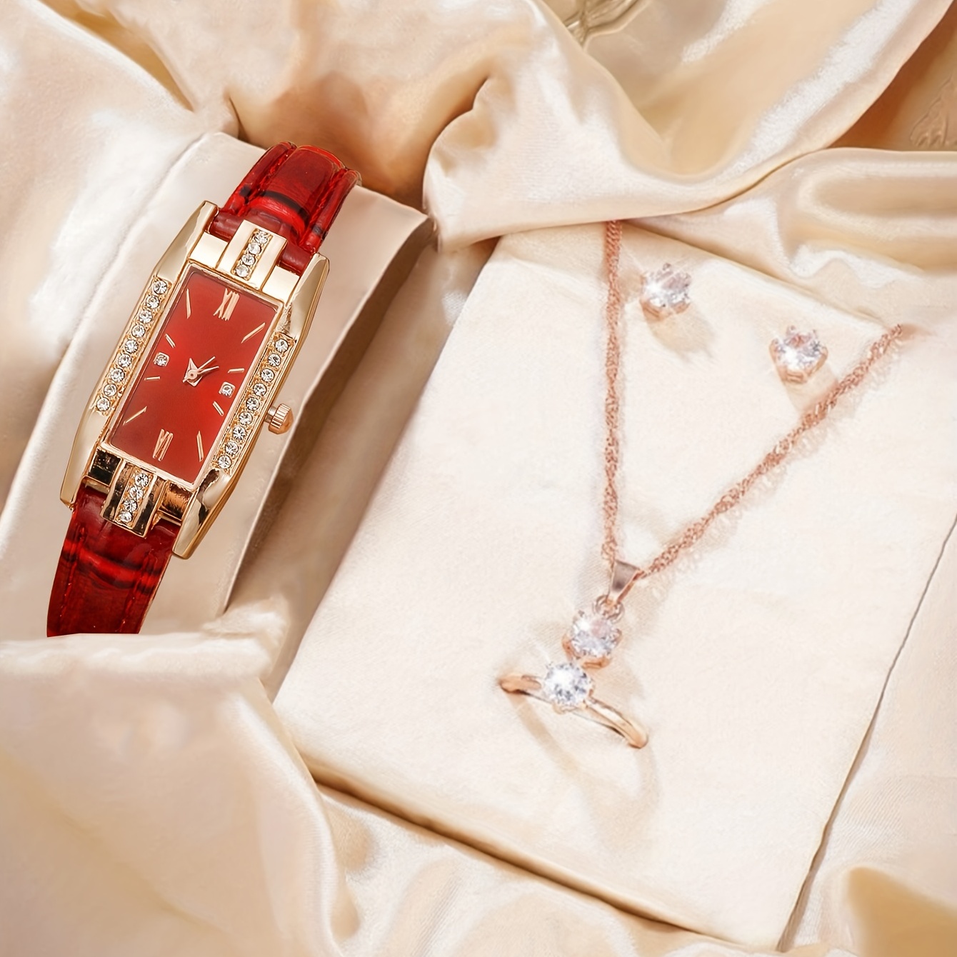 Luxury Watch Gift For Her - ラグジュアリーラインストーンクォーツウォッチ バロックファッション アナログPUレザー腕時計＆ジュエリー4点セット、お母さん/彼女へのギフト