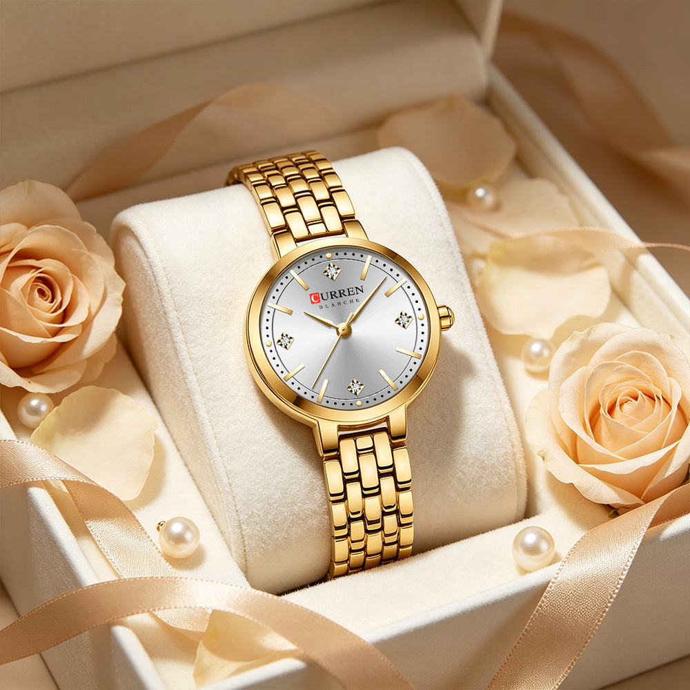 Luxury Watch Gift For Her - CURREN レディース ミニマリスト薄型腕時計 スパークリングラインストーンスケール付き 高級ドレスクォーツ時計 彼女へのギフト
